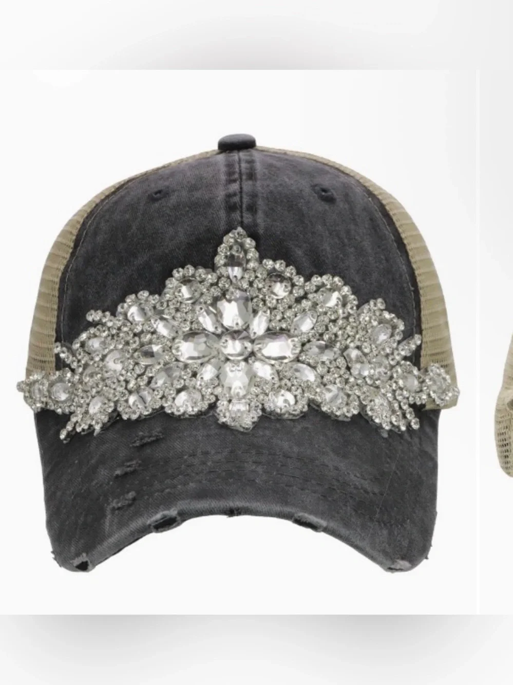 Embellished Distressed Baseball Cap - Black with Crystal Accent